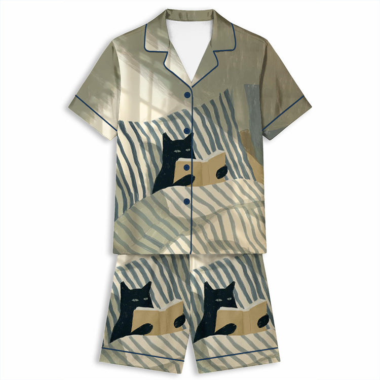 Cat Reading Cosy Bedroom Unisex Short Sleeve Satin Pajama Set
