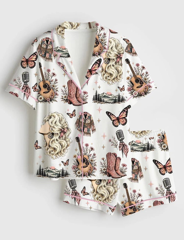 Women's Dolly Tribute Floral Guitar Butterfly Art Print Short Sleeve Silky Satin Pajama Set