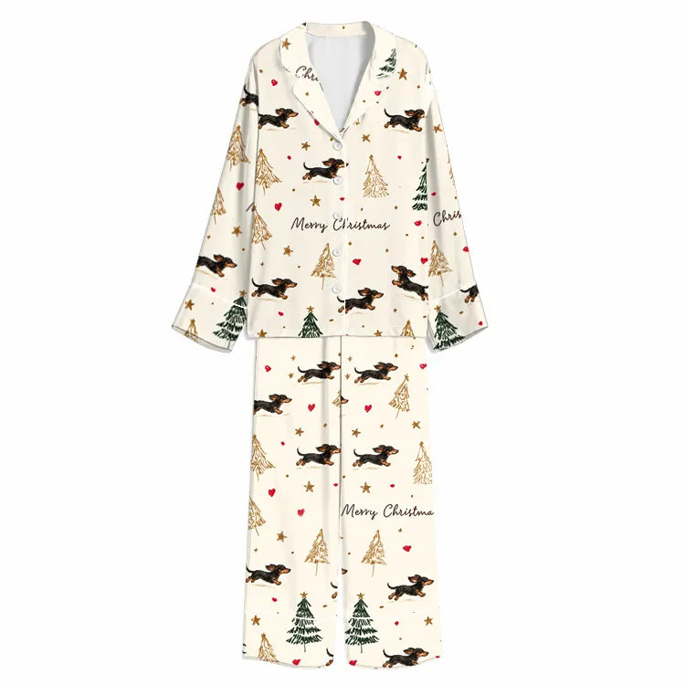 Christmas Merry Dachshund and Golden Tree Cream Unisex Long Sleeve Silky Satin Pajama Set