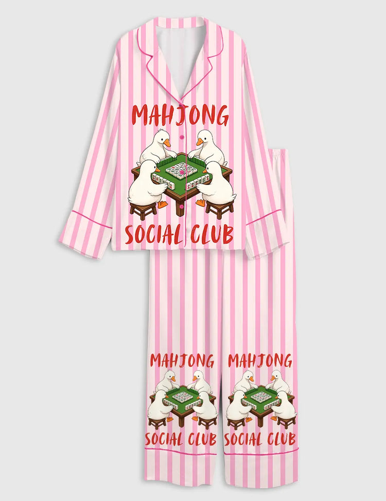 Women's Mahjong Social Club Ducks Playing Mahjong Art Print Long Sleeve Silky Satin Pajama Set