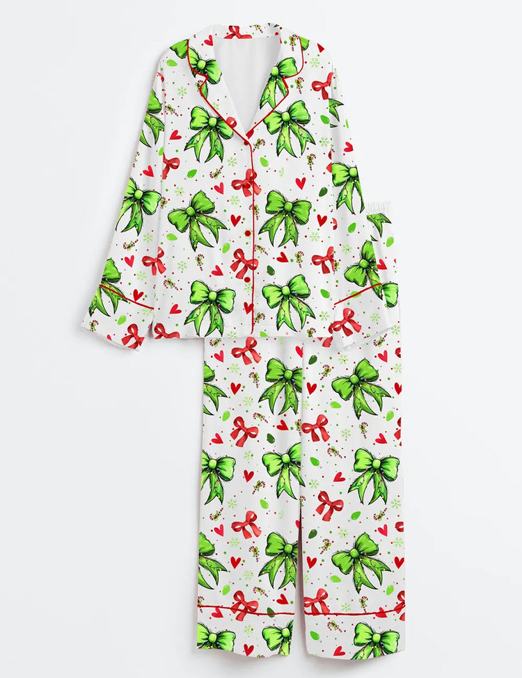 Women’s Christmas Grinch Mean Green Guy Coquette Bow Long Sleeve Satin Pajama Set