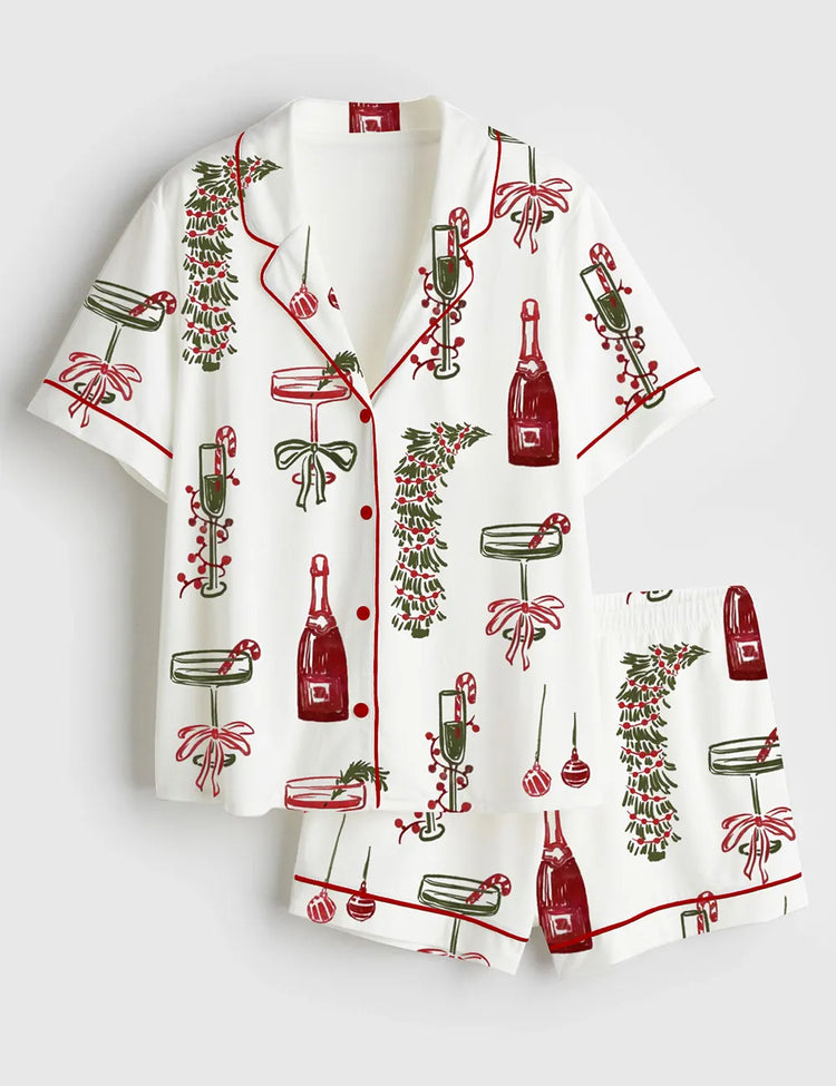 Women’s Christmas Champagne Ho Ho Ho Pass the Bubbly Festive Cocktail Short Sleeve Satin Pajama Set