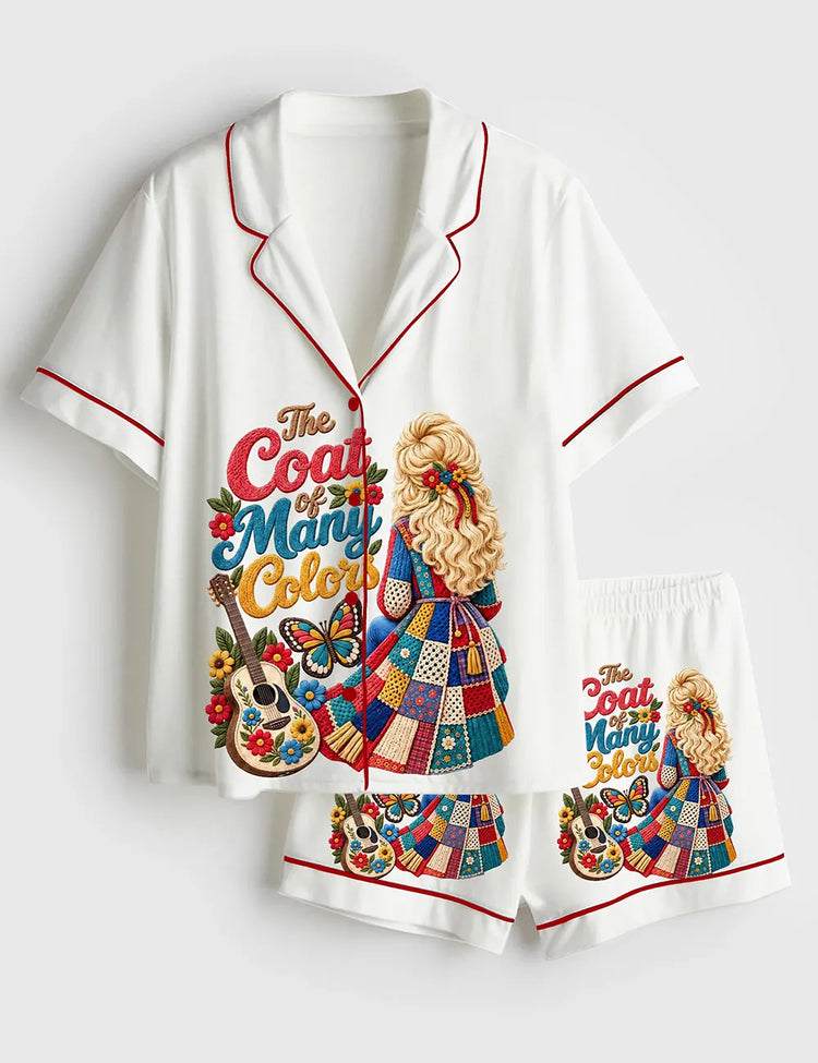 Women's Dolly Coat Of Many Colors Country Music Lover Short Sleeve Silky Satin Pajama Set