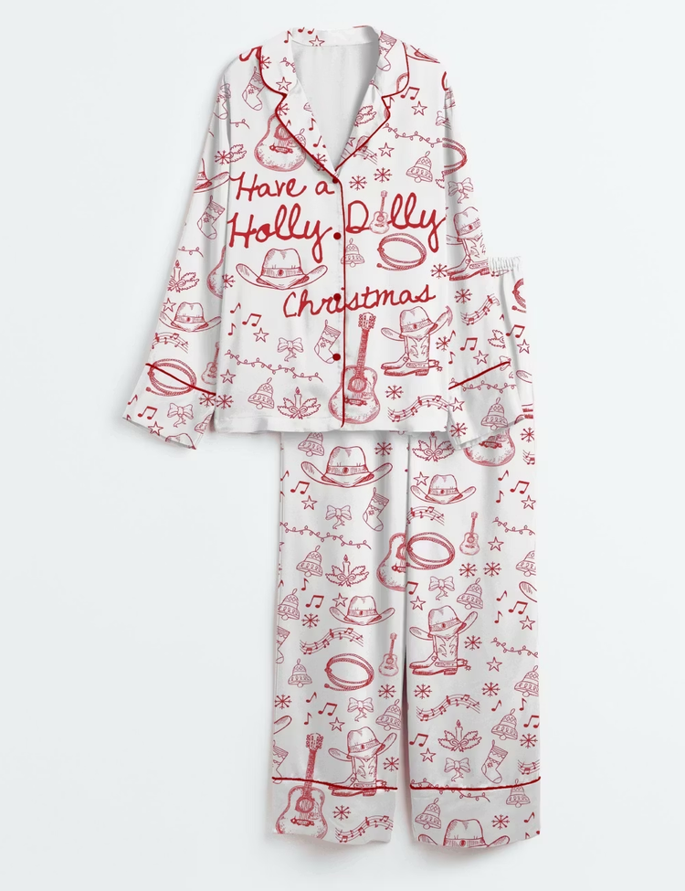 Women's Have A Holly Dolly Christmas Retro Country Music Holiday Long Sleeve Silky Satin Pajama Set