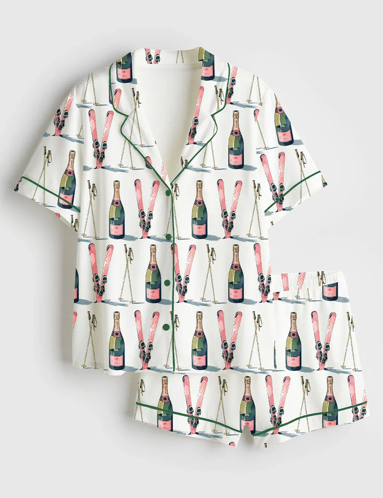 Women’s Ski Lover Après Ski Champagne Short Sleeve Satin Pajama Set