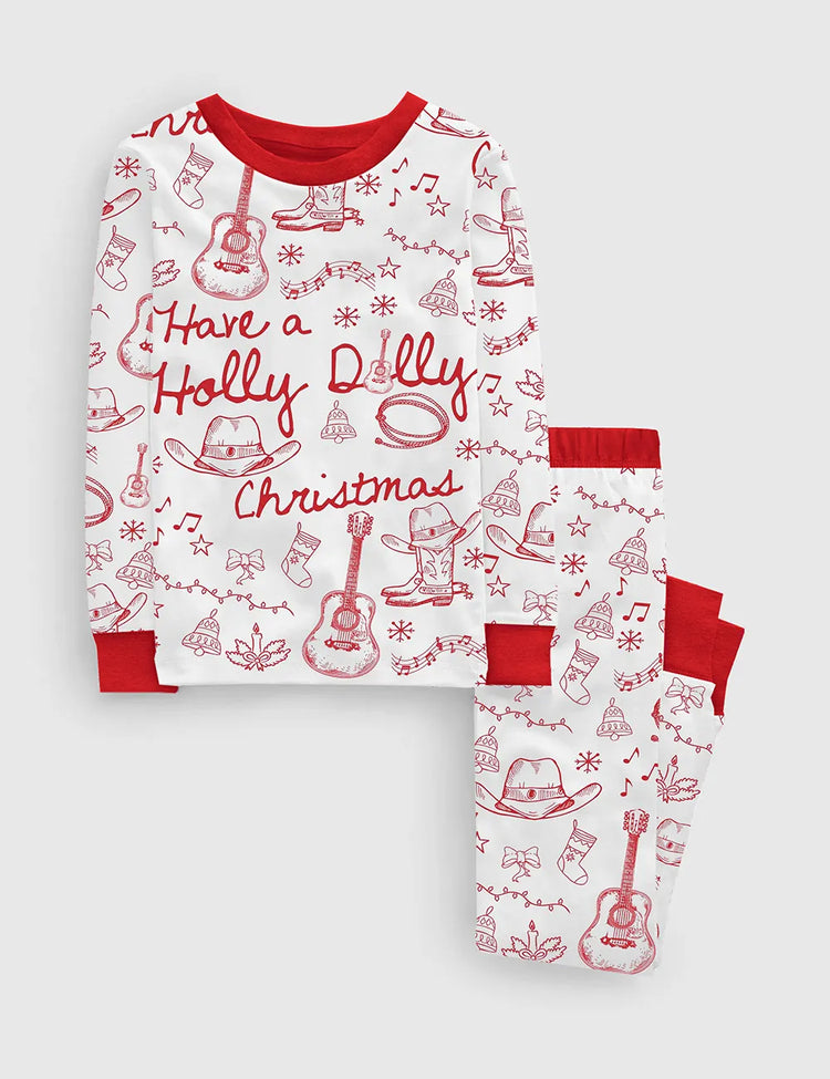 Kid's Have A Holly Dolly Christmas Retro Country Music Holiday Long Sleeve Pajama Set