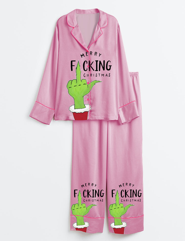 Women’s Merry Grinch Pink Christmas Long Sleeve Satin Pajama Set