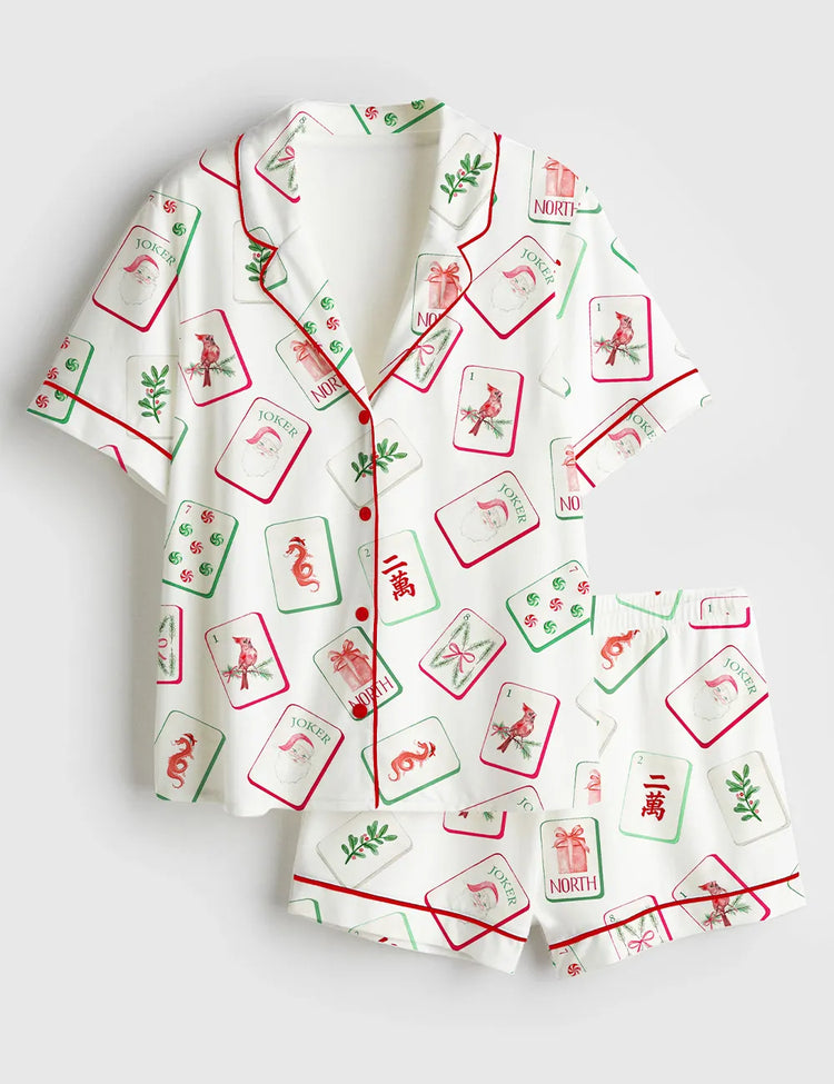 Women’s Watercolor Chinoiserie Millennial Mahjong Christmas Santa Party Short Sleeve Satin Pajama Set