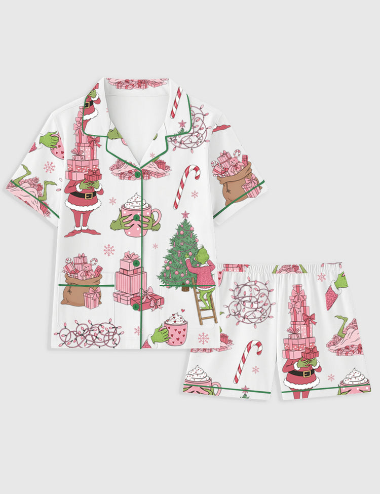 Women's Pink Grinch Christmas Tree Holiday Gifts Short Sleeve Pocket Cotton Family Pajama Set