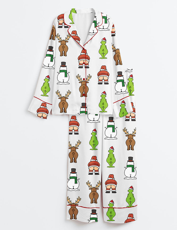 Women’s Funny Coquette Christmas Grinch Santa Reindeer Snowman Long Sleeve Satin Pajama Set