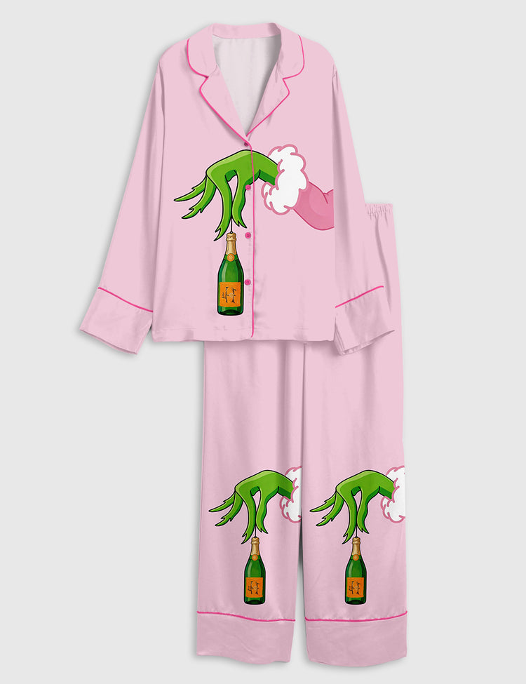 Women’s Pink Christmas Grinch With Champagne Wine Long Sleeve Silky Satin Pajama Set
