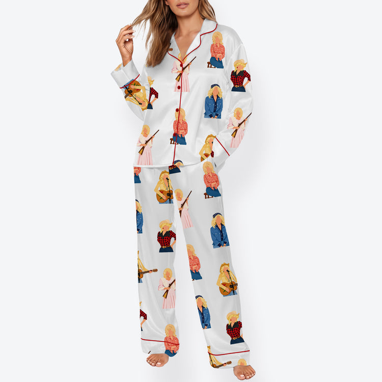 Women's Remember Dolly Western Country Music Long Sleeve Silky Satin Pajama Set