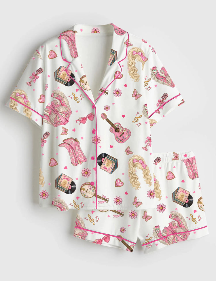 Women's Pink Western Country Music Cowgirl Dolly Guitar & Boots Short Sleeve Silky Satin Pajama Set