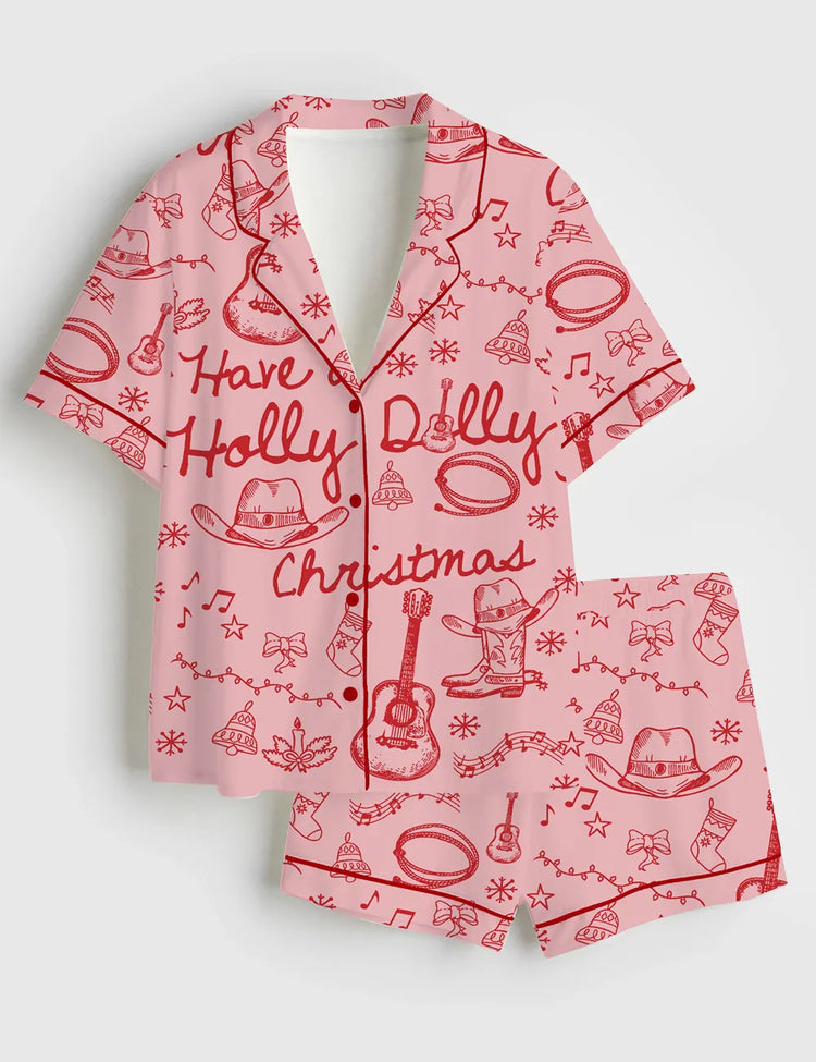 Women's Have A Holly Dolly Christmas Retro Country Music Holiday Short Sleeve Silky Satin Pajama Set