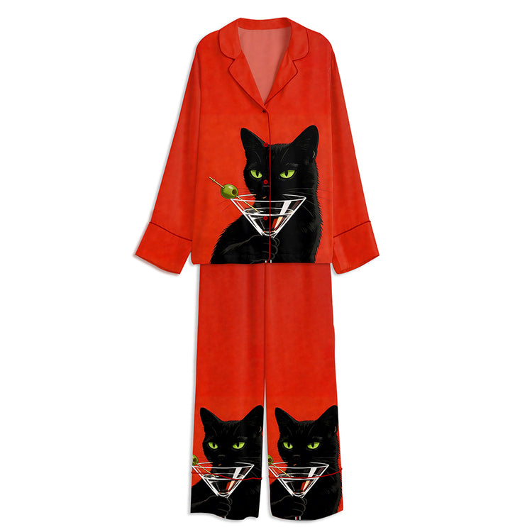Vintage Black Cat With Martini Unisex Long Sleeve Satin Pajama Set