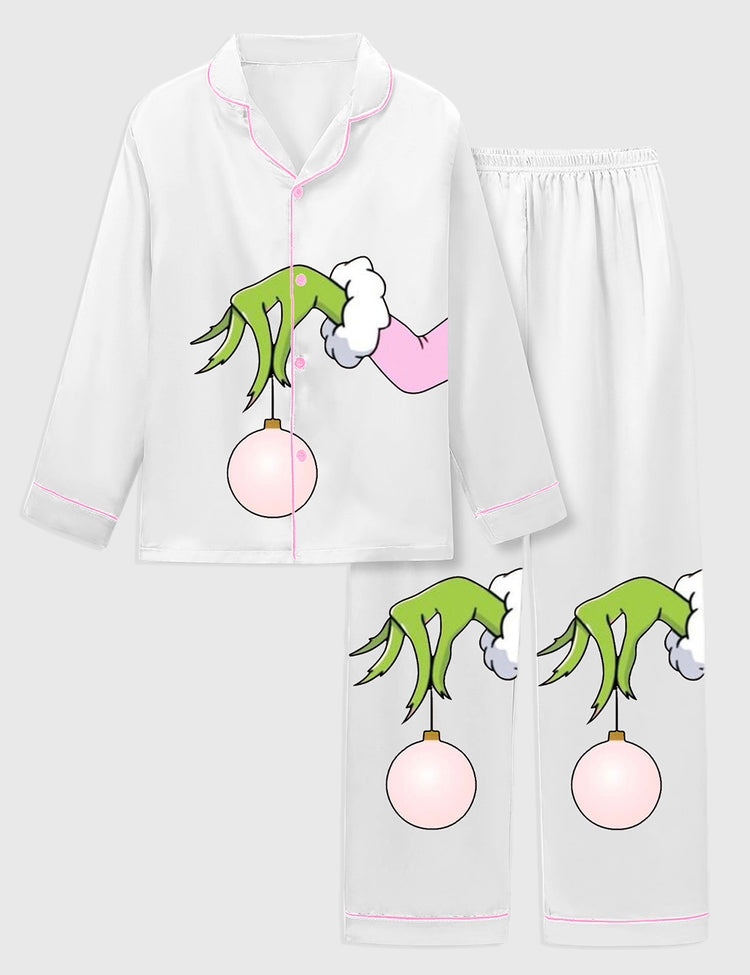 Kid's Pink Christmas Grinch Satin Family Pajama Set