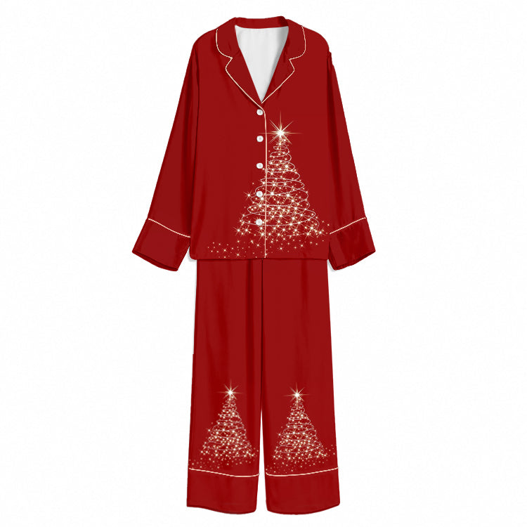 Christmas Sparkling Starlight Tree Red Unisex Long Sleeve Silky Satin Pajama Set