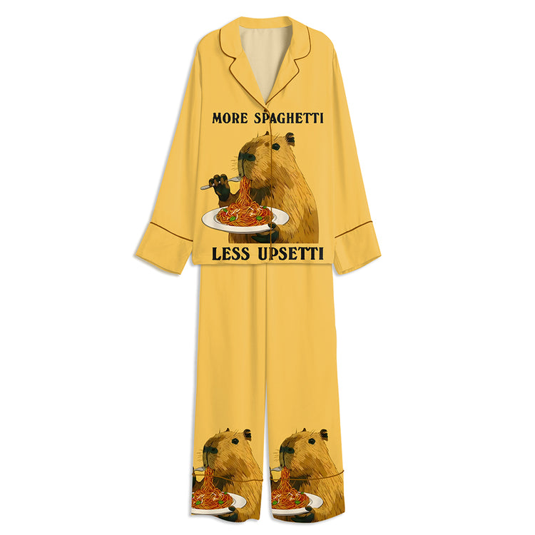More Spaghetti Less Upsetti Capybara Eating Pasta Unisex Long Sleeve Satin Pajama Set