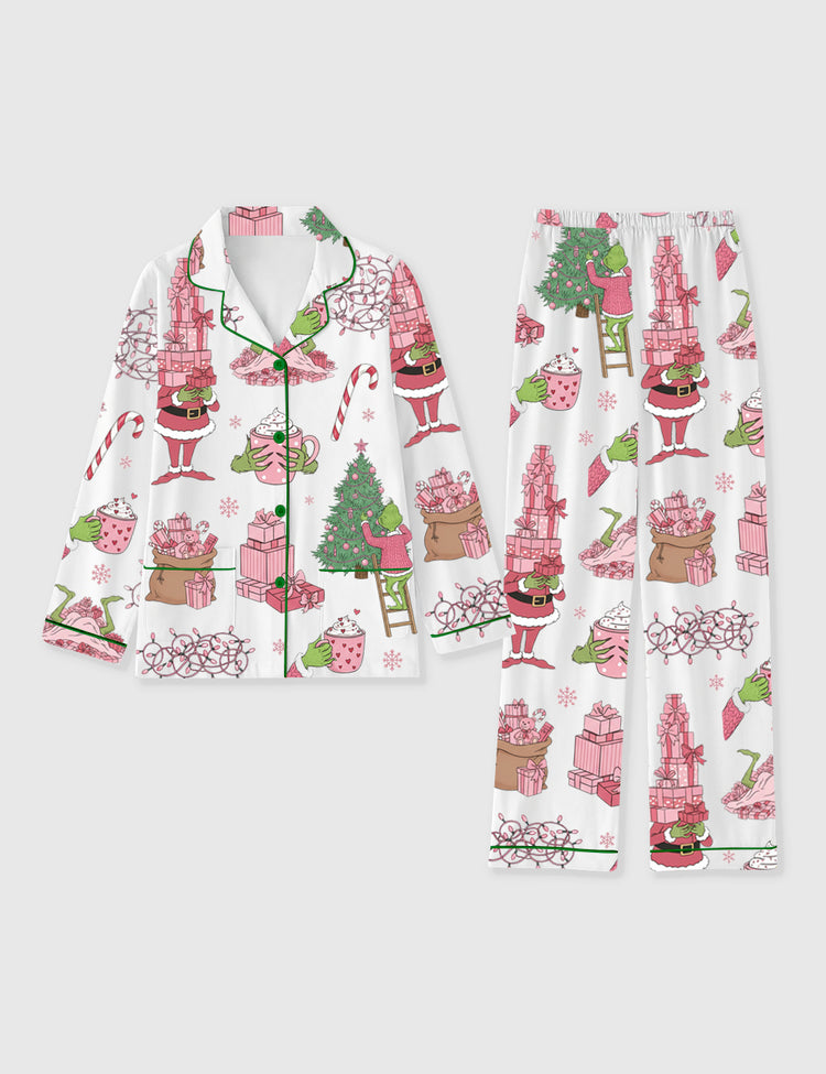 Women's Pink Grinch Christmas Tree Holiday Gifts Long Sleeve Pocket Cotton Family Pajama Set
