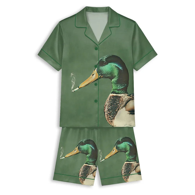 Mallard Smoking A Cigarette Funny Duck Unisex Short Sleeve Satin Pajama Set