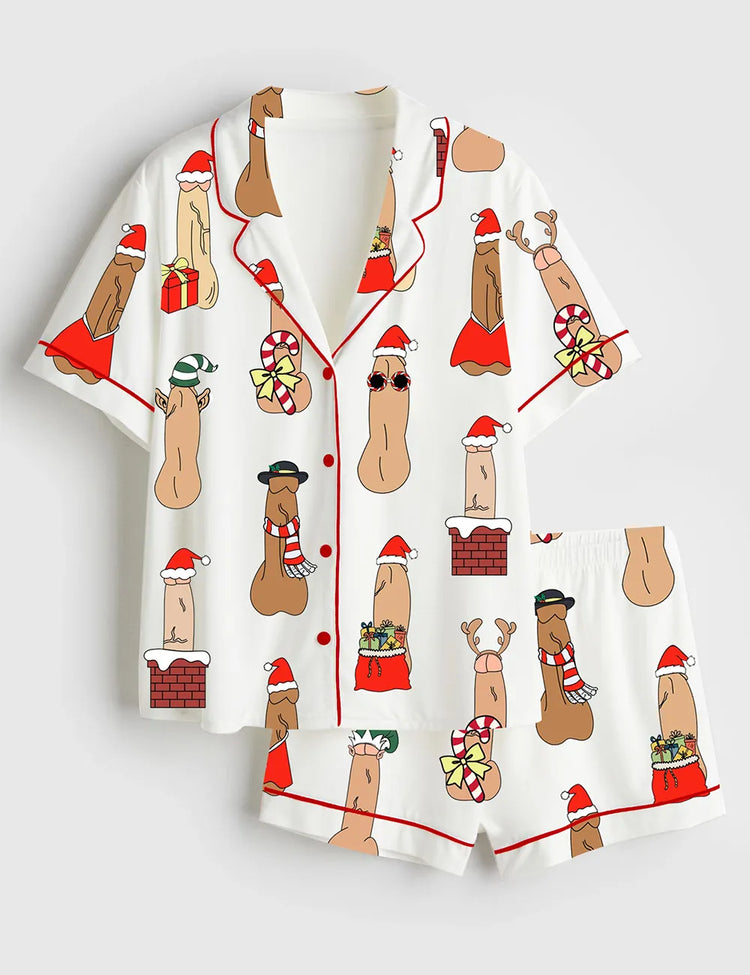 Women’s Funny Christmas Vibes Inappropriate Peni Balls Short Sleeve Satin Pajama Set
