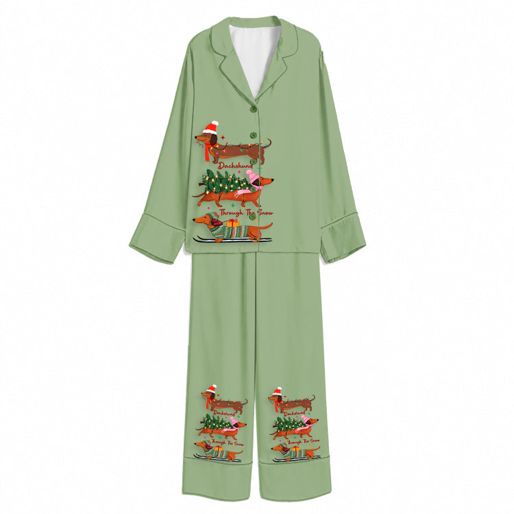 Christmas Festive Dachshund Stack Sage Green Unisex Long Sleeve Silky Satin Pajama Set