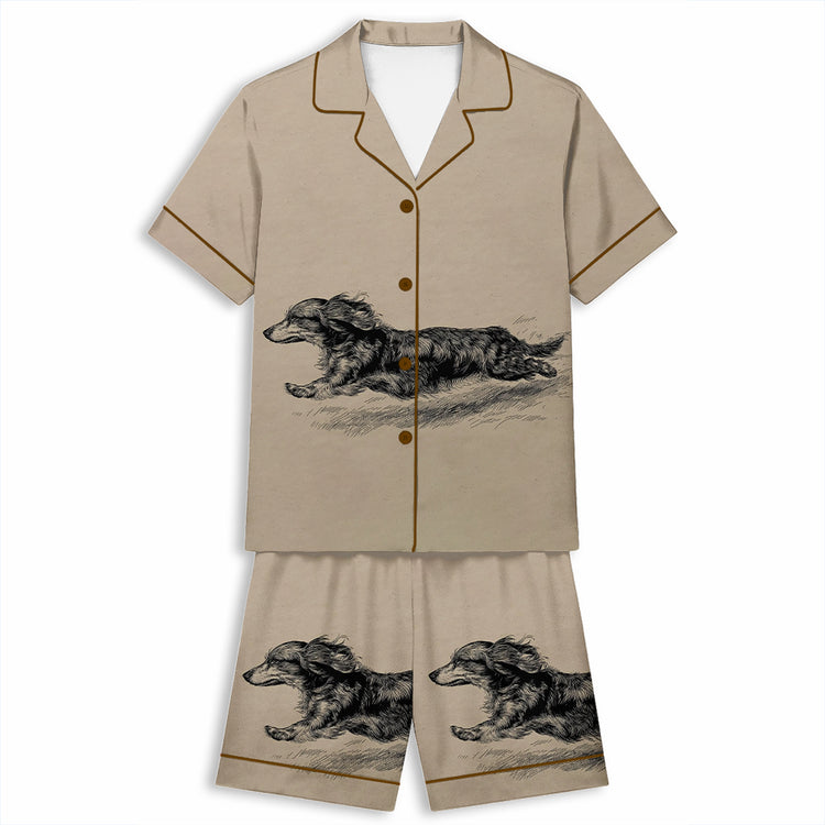 Vintage Dachshund Running Dog Puppy Zoomies Art Unisex Short Sleeve Silky Satin Pajama Set