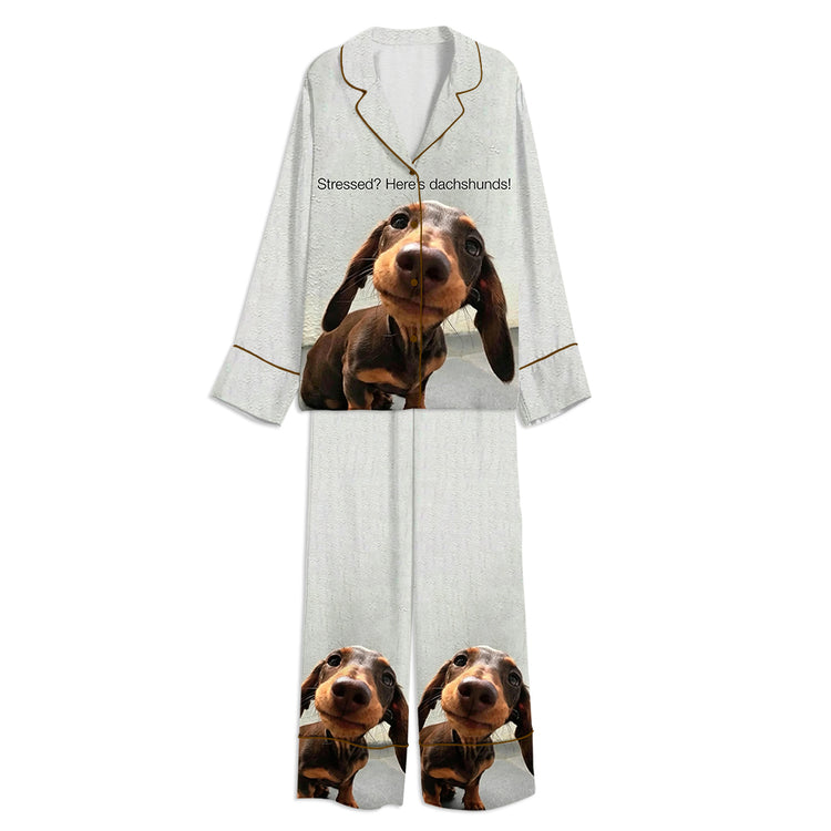 Stressed? Here's Dachshunds Cute Wiener Dog Unisex Long Sleeve Silky Satin Pajama Set