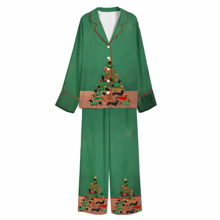 Christmas Dachshund Tree Party Green Unisex Long Sleeve Silky Satin Pajama Set