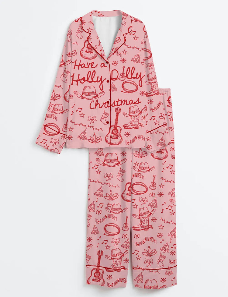 Women's Have A Holly Dolly Christmas Retro Country Music Holiday Long Sleeve Silky Satin Pajama Set