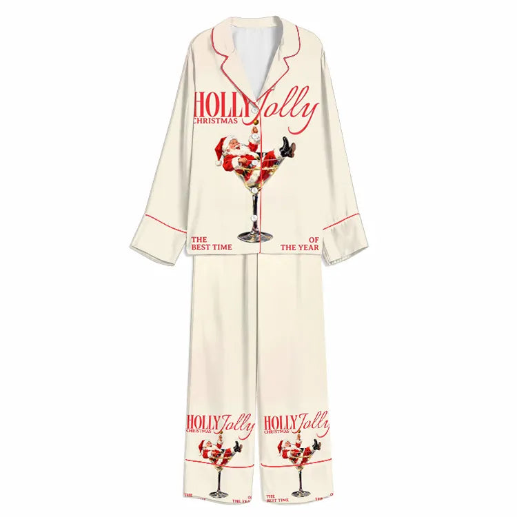 Christmas Holly Jolly Martini Santa Ivory Unisex Long Sleeve Silky Satin Pajama Set