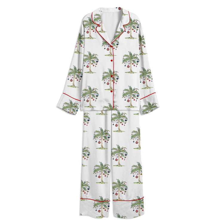 Tropical Christmas Aloha Holiday Beach Santa In July Hawaiian Unisex Long Sleeve Satin Pajama Set