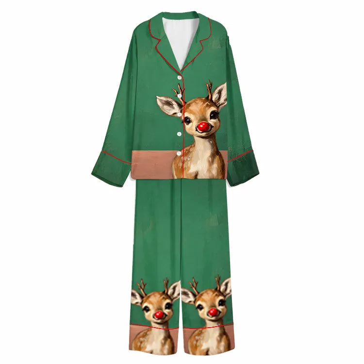 Christmas Red-Nosed Reindeer Portrait Green Unisex Long Sleeve Silky Satin Pajama Set
