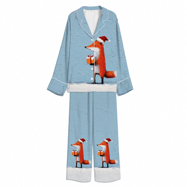 Christmas Gift-Bearing Fox Sky Blue Unisex Long Sleeve Silky Satin Pajama Set
