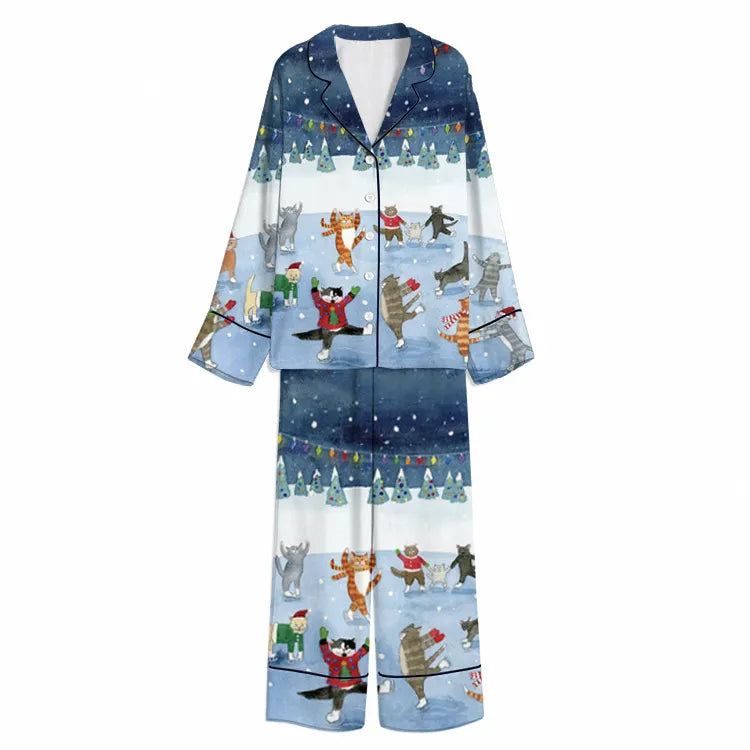 Christmas Ice Skating Cat Carnival Navy Unisex Long Sleeve Silky Satin Pajama Set