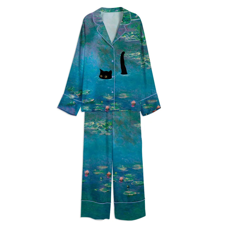 Cat Print Monet Waterlily Funny Unisex Long Sleeve Satin Pajama Set