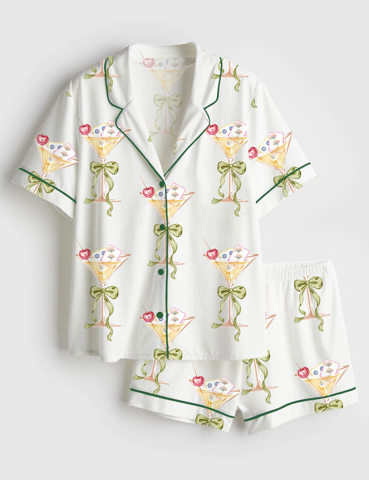 Women’s Mahjong Social Club Martini Cocktail Cheers Short Sleeve Silky Satin Pajama Set