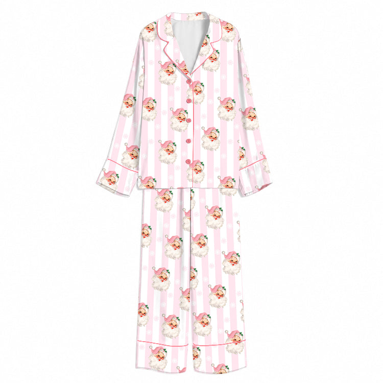 Christmas Pink Stripe Santa Faces Unisex Long Sleeve Silky Satin Pajama Set