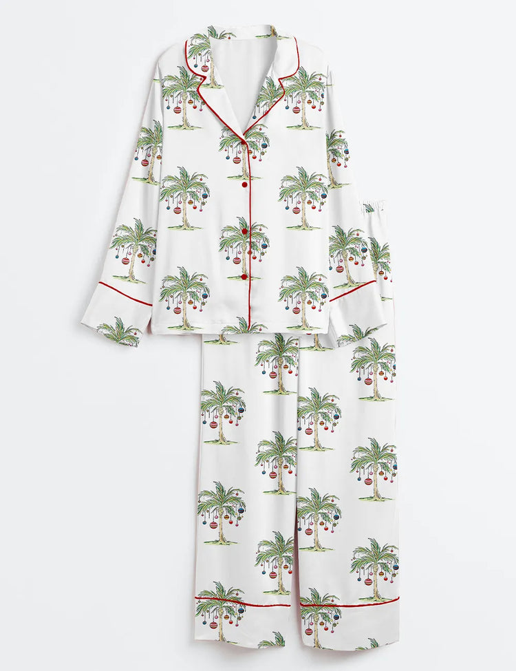 Men’s Tropical Christmas Aloha Holiday Beach Santa In July Hawaiian Print Long Sleeve Satin Pajama Set