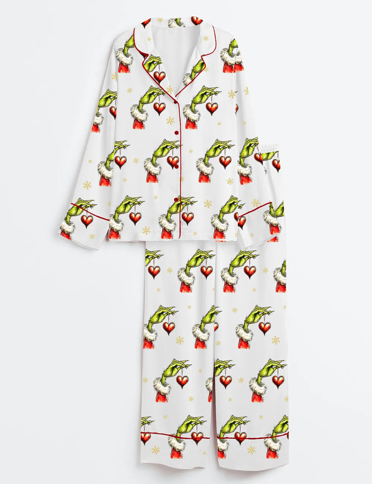 Women’s Retro Christmas Characters Vintage Grinch Holding Hearts Long Sleeve Satin Pajama Set