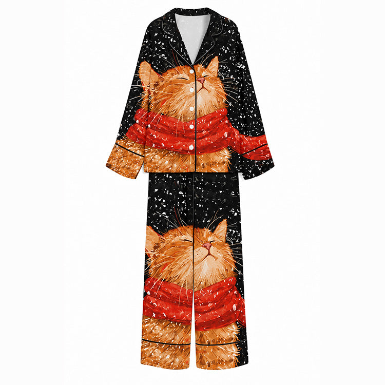 Christmas Snowy Ginger Cat Red Scarf Unisex Long Sleeve Silky Satin Pajama Set