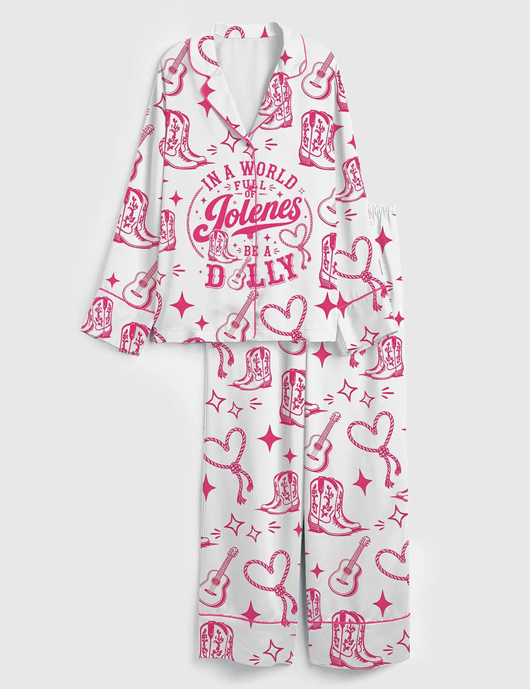 Women's In A World Full Of Jolenes Be A Dolly Western Cowgirl Art Long Sleeve Silky Satin Pajama Set