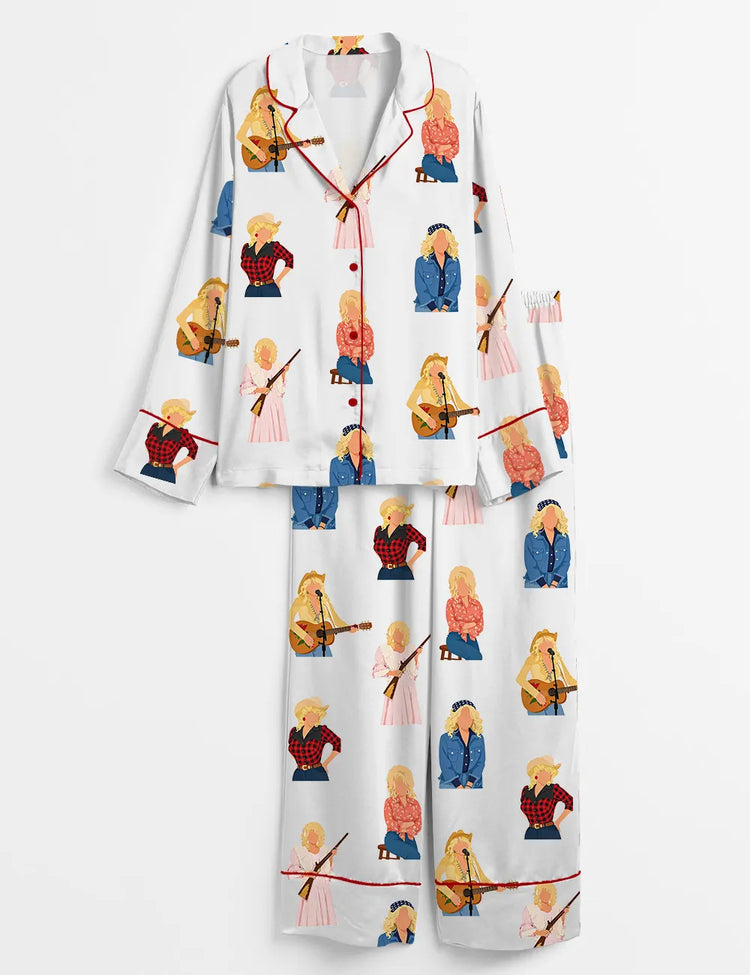 Women’s Remember Dolly Western Country Music Long Sleeve Silky Satin Pajama Set