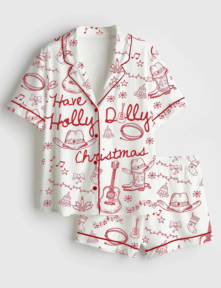 Women's Have A Holly Dolly Christmas Retro Country Music Holiday Short Sleeve Silky Satin Pajama Set