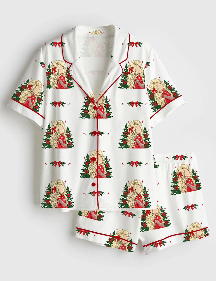 Women's Have A Holly Dolly Christmas Country Music Queen Short Sleeve Silky Satin Pajama Set