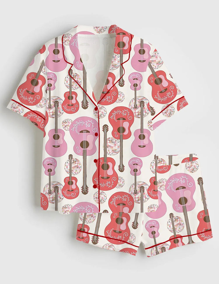 Women's Dolly Disco Cowgirl Guitar Art Print Short Sleeve Silky Satin Pajama Set