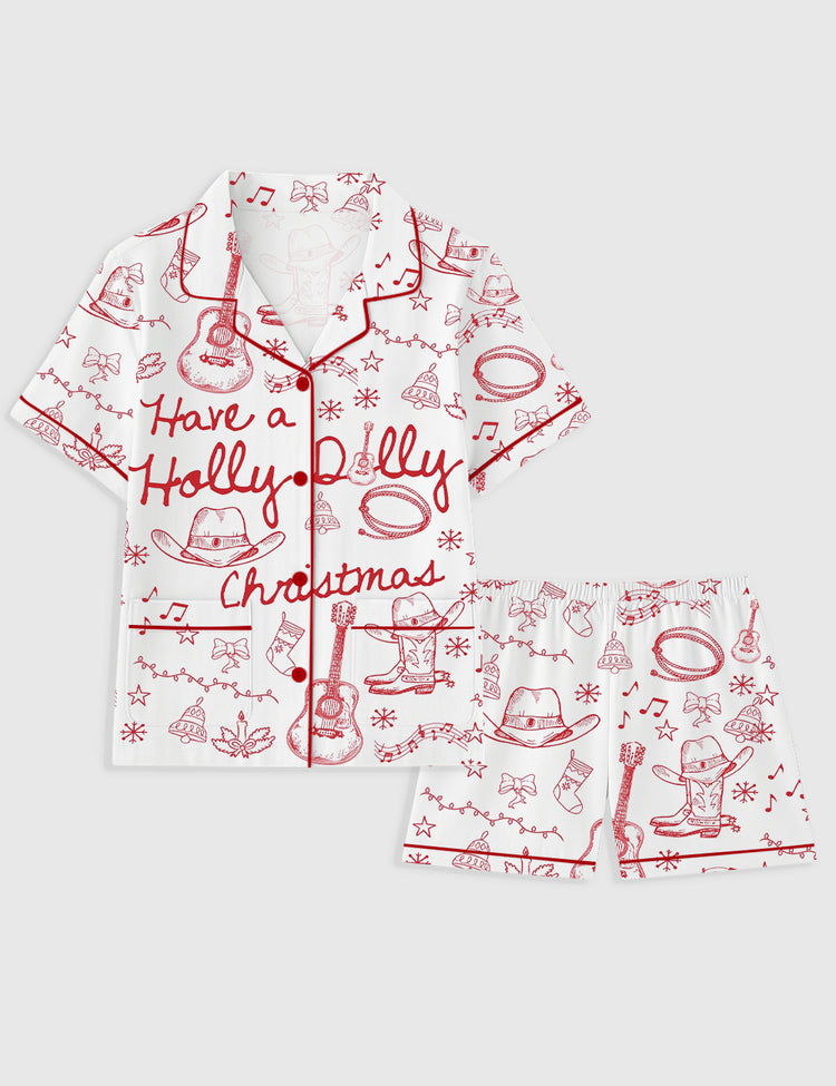 Women's Have A Holly Dolly Christmas Retro Country Music Holiday Short Sleeve Pocket Cotton Pajama Set