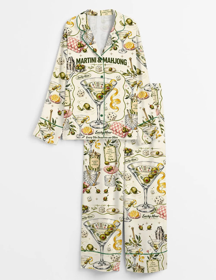 Women's Dirty Martini Mahjong Olive Cocktail Party Long Sleeve Silky Satin Pajama Set