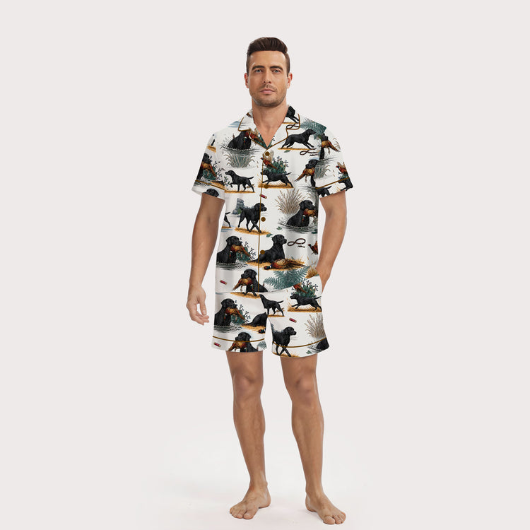 Men's Black Labrador Hunting Short Sleeve Silky Satin Pajama Set front view