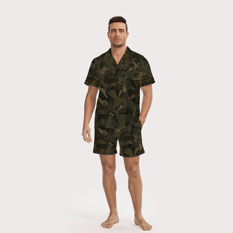Men's Camouflage Deer Short Sleeve Silky Satin Pajama Set front view